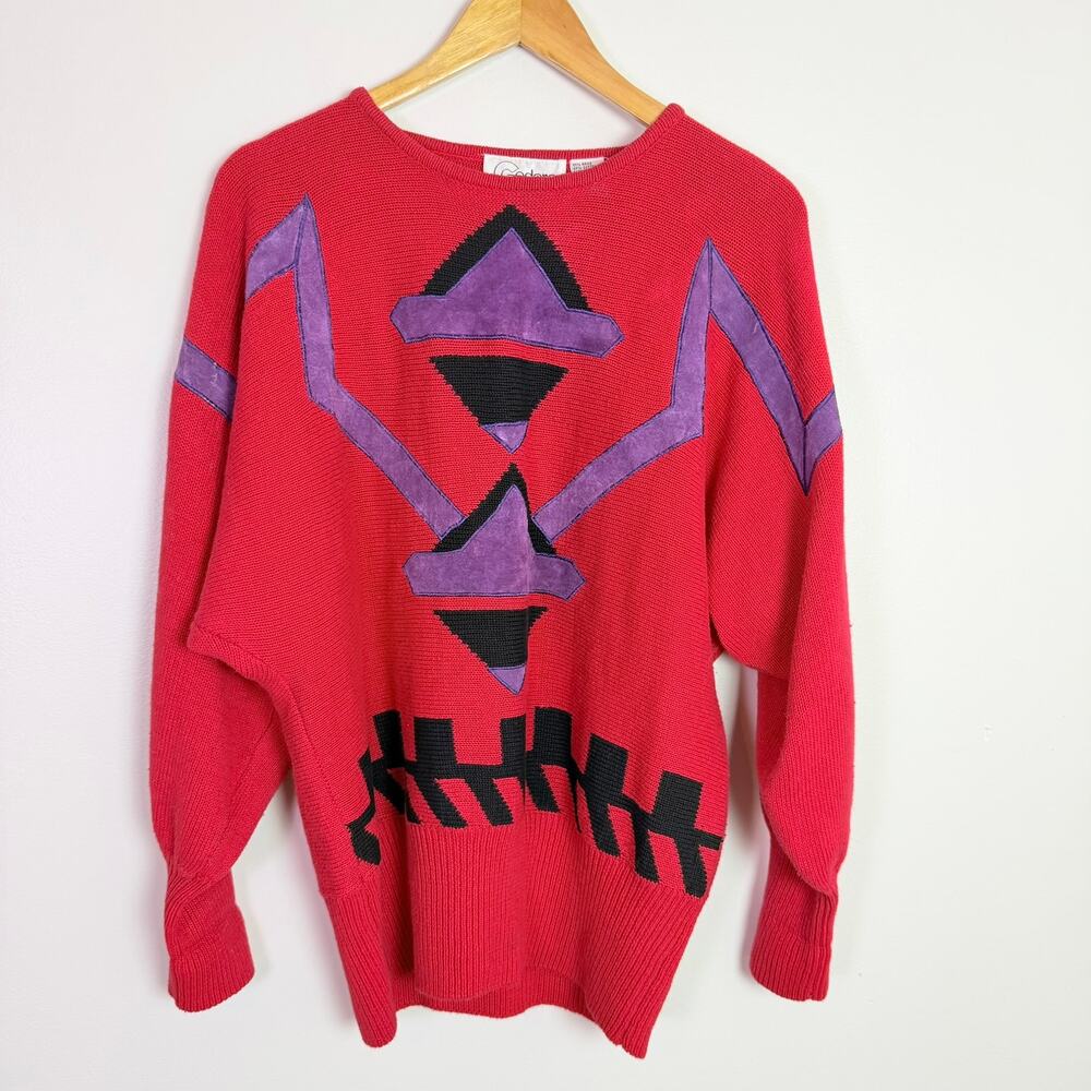 Vintage 80s Retro Geometric Red Memphis Sweater Women's M Purple Suede Eclectic